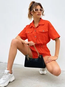 SHEIN Unity Buttoned Front Pocket Patched Shirt Romper - Orange - View 3