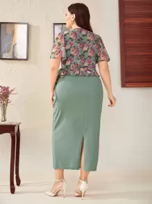 Mulvari Plus Floral Print Flutter Sleeve Knot Ruffle Trim Top & Slit Skirt - Multicolor - View 3