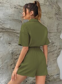 SHEIN Unity Buttoned Front Pocket Patched Shirt Romper - Army Green - View 2