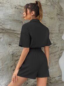 Flirla Buttoned Front Pocket Patched Shirt Romper - Black - View 2