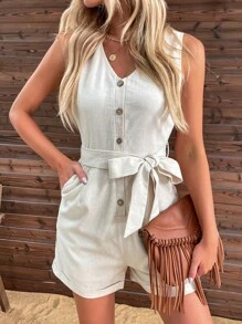 SHEIN Unity 斜口袋半排扣腰帶連身短褲 - 米色 - 查看 1