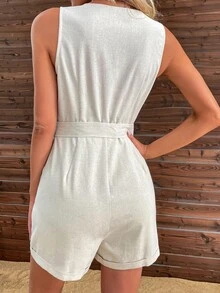 SHEIN Unity 斜口袋半排扣腰帶連身短褲 - 米色 - 查看 2