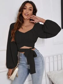 Breezaya Blusa corta de mangas de farol con pliegues en el busto, nudo en la parte delantera, top de manga larga - Negro - Ver 4