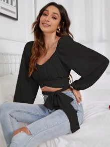 Breezaya Blusa corta de mangas de farol con pliegues en el busto, nudo en la parte delantera, top de manga larga - Negro - Ver 5