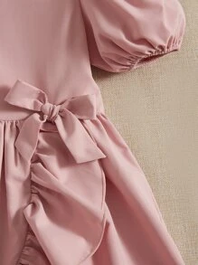 SHEIN Niñas Vestido de manga farol con cordón delantero ribete con fruncido - Rosa vieja - Ver 3