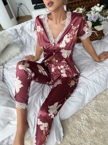 Bộ đồ ngủ Nữ Tương phản ren Nút phía trước Hoa Thanh lịch - Màu Đỏ Sâu - Xem 5