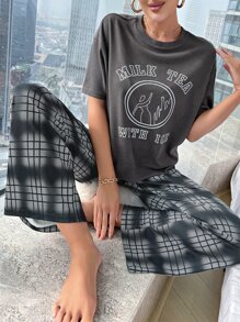 con grafica slogan Maglietta con spalla cadenti & con stampa quadri Pantaloni Set pigiama