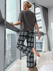 con grafica slogan Maglietta con spalla cadenti & con stampa quadri Pantaloni Set pigiama