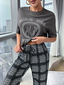 con grafica slogan Maglietta con spalla cadenti & con stampa quadri Pantaloni Set pigiama