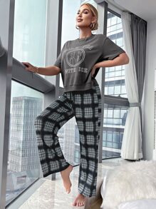 con grafica slogan Maglietta con spalla cadenti & con stampa quadri Pantaloni Set pigiama