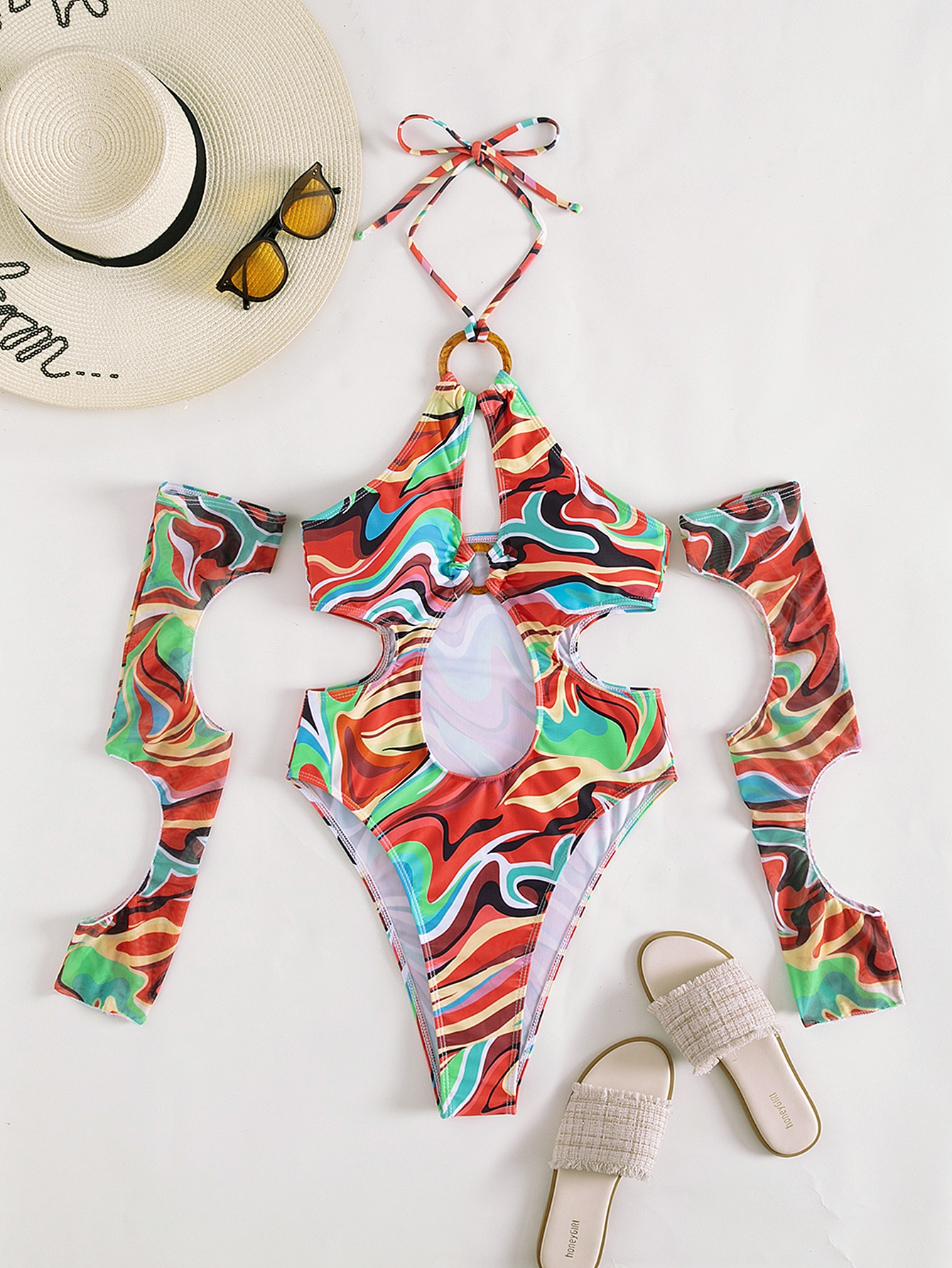 Allover Print Ring Linked One Piece Swimsuit With 1pair Oversleeves