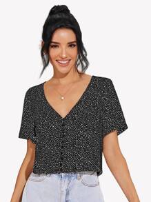 SHEIN LUNE Speckled Print Button-Loop Top - Black - View 1