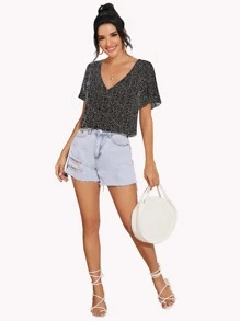 SHEIN LUNE Speckled Print Button-Loop Top - Black - View 3