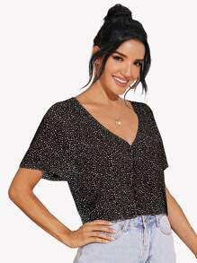 SHEIN LUNE Speckled Print Button-Loop Top - Black - View 4