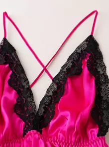 Contrast Lace Criss Cross Backless Satin Cami Romper - Hot Pink - View 3