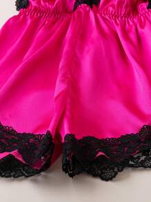 Contrast Lace Criss Cross Backless Satin Cami Romper - Hot Pink - View 4