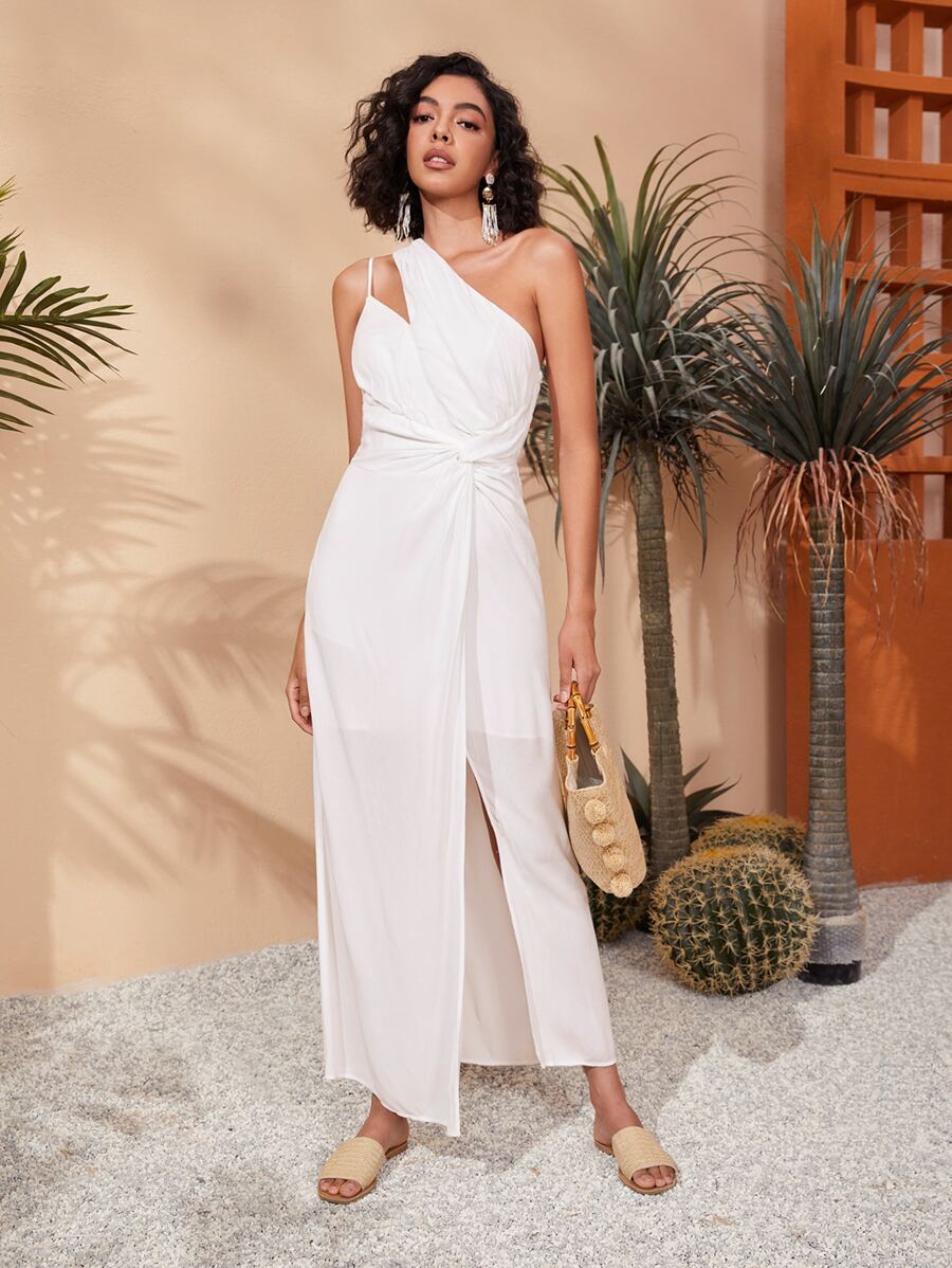 SHEIN Cut Out One Shoulder Twist Front Wrap Hem Dress - White - View 1