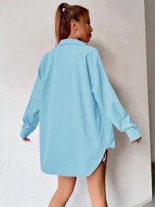 SHEIN Unity 弧形下摆落肩女式衬衫 - 淺藍色 - 查看 2