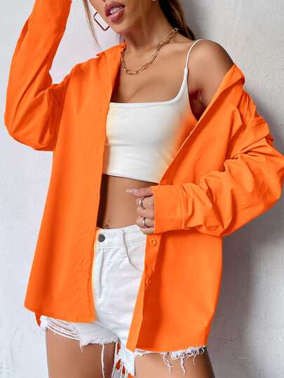 Curved Hem Drop Shoulder Shirt Fall Cloth For Women