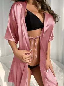 一件纯色缎面系带睡袍，Luxeloungewear品牌，适合秋冬季穿着。 - 藕粉色 - 查看 5