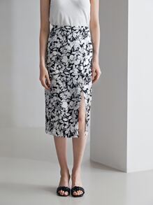 MOTF PREMIUM 100% SILK FLORAL MIDI SKIRT - Black and White - View 4