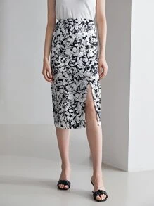 MOTF PREMIUM 100% SILK FLORAL MIDI SKIRT - Black and White - View 7