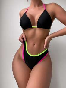 Swim SXY Summer Beach Contrast Binding Tie Back Halter Bikini - Black - View 6