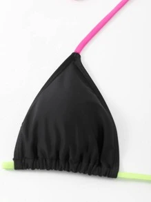 Swim SXY Summer Beach Contrast Binding Tie Back Halter Bikini - Black - View 7