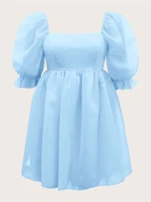 SHEIN MOD Plus Square Neck Puff Sleeve Dress - Baby Blue - View 1