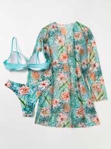 SHEIN Swim 夏季沙灘花卉交叉推桿比基尼附和服 - 彩色 - 查看 2