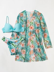 SHEIN Swim 夏季沙灘花卉交叉推桿比基尼附和服 - 彩色 - 查看 7