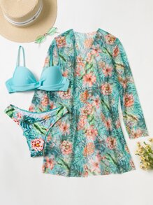 SHEIN Swim 夏季沙灘花卉交叉推桿比基尼附和服 - 彩色 - 查看 8