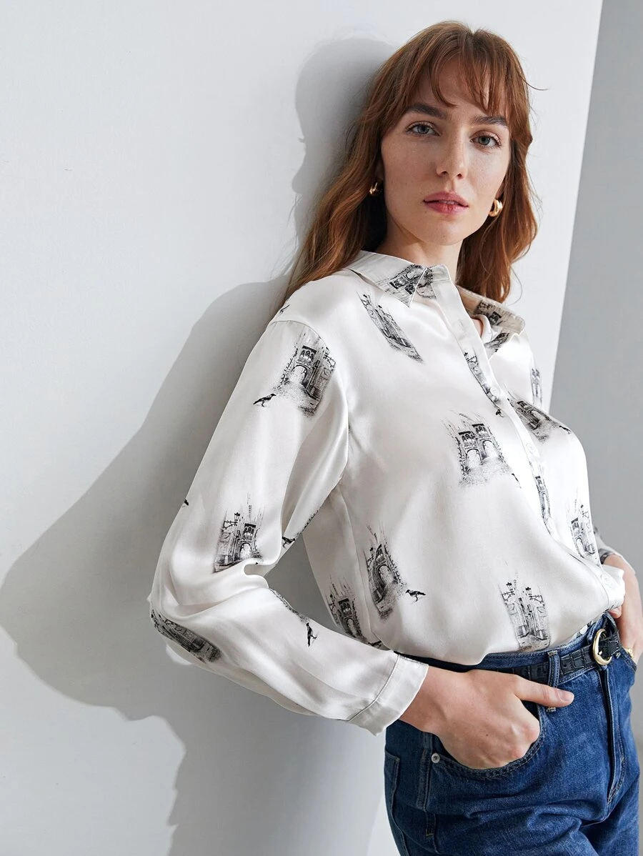 MOTF X Dina Brodsky 100% SILK PRINTED SHIRT - White - View 1
