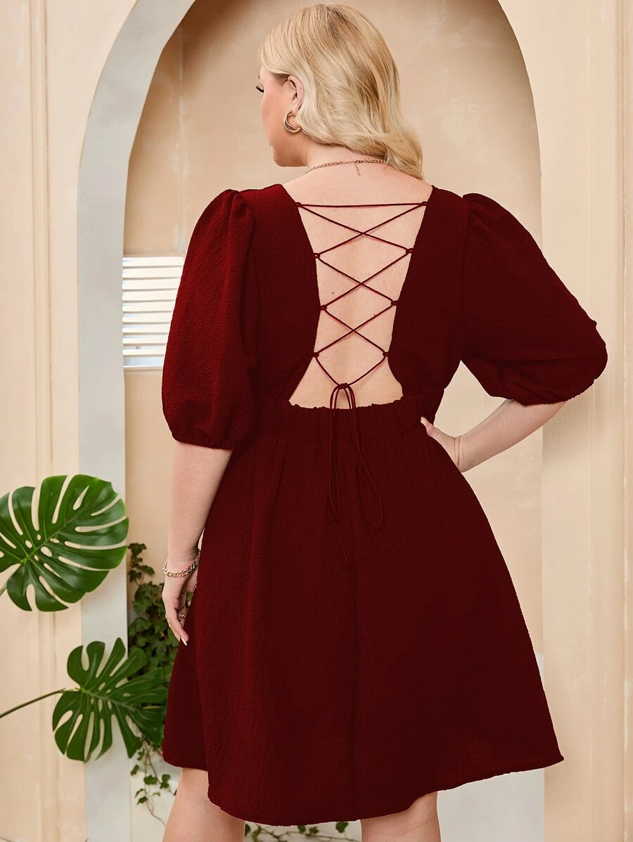 SHEIN Clasi Plus Square Neck Lace Up Backless Puff Sleeve Dress - Burgundy - View 1