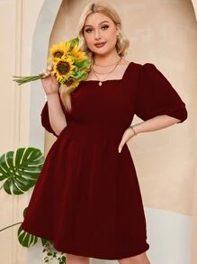 SHEIN Clasi Plus Square Neck Lace Up Backless Puff Sleeve Dress - Burgundy - View 2