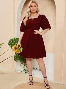 SHEIN Clasi Plus Square Neck Lace Up Backless Puff Sleeve Dress - Burgundy - View 3
