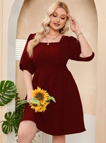 SHEIN Clasi Plus Square Neck Lace Up Backless Puff Sleeve Dress - Burgundy - View 4