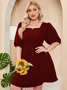 SHEIN Clasi Plus Square Neck Lace Up Backless Puff Sleeve Dress - Burgundy - View 5