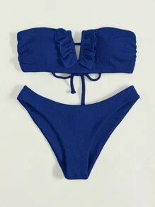 Frill Trim V Wired Bikini For Summer Beach - Royal Blue - View 3