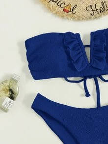 Frill Trim V Wired Bikini For Summer Beach - Royal Blue - View 4