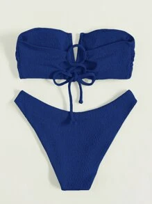 Frill Trim V Wired Bikini For Summer Beach - Royal Blue - View 6