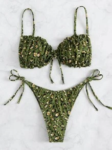 SHEIN Swim 2 件豹纹比基尼，随机花卉印花设计，海滩度假夏季 - 彩色 - 查看 4