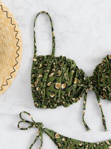 SHEIN Swim 2 件豹纹比基尼，随机花卉印花设计，海滩度假夏季 - 彩色 - 查看 5