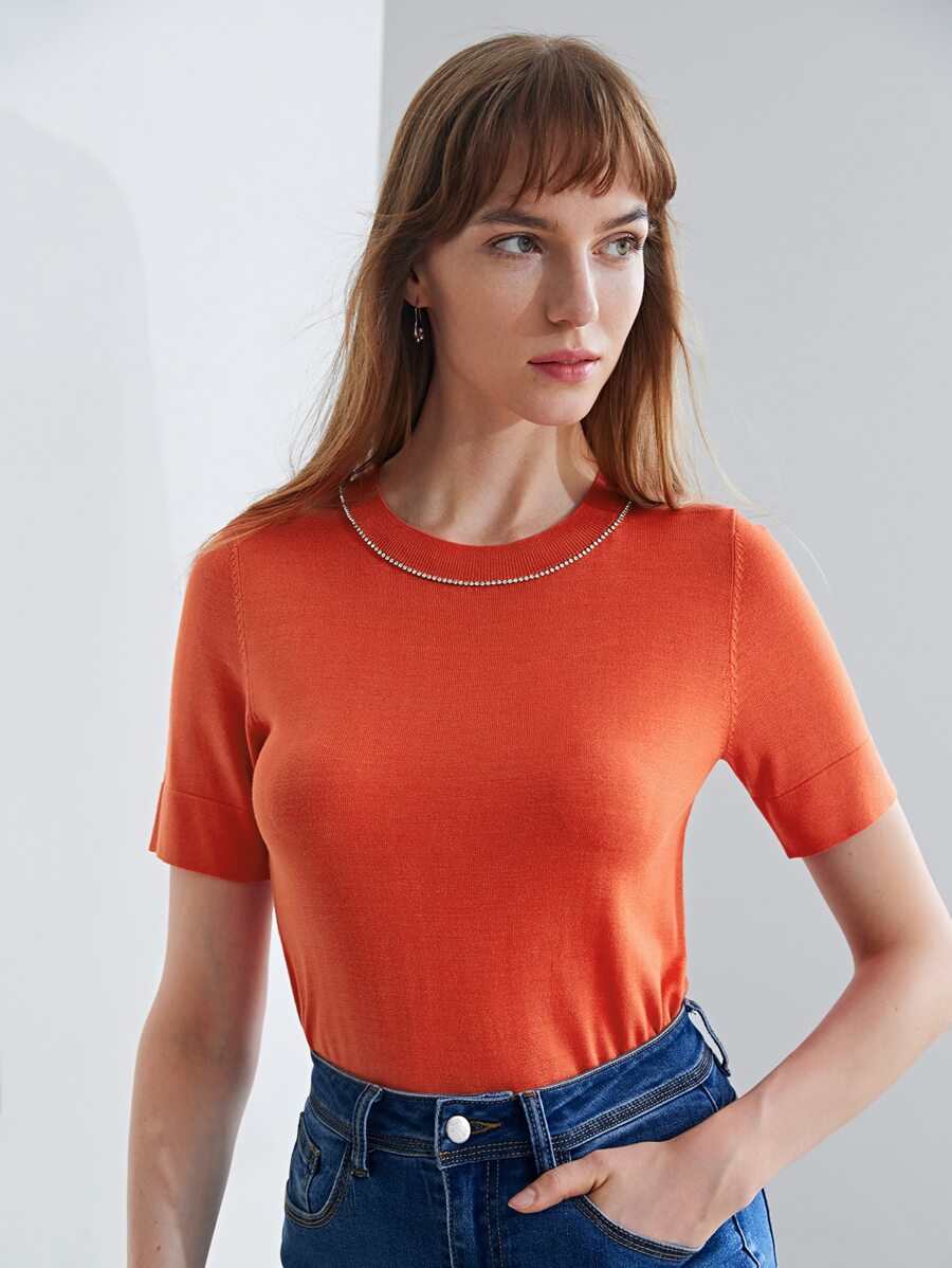MOTF PREMIUM 100% SILK RHINESTONE KNIT TOP - Orange - View 1