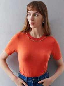 MOTF PREMIUM 100% SILK RHINESTONE KNIT TOP - Orange - View 6