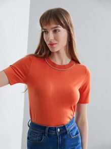 MOTF PREMIUM 100% SILK RHINESTONE KNIT TOP - Orange - View 10