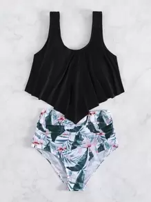 Random Tropical Print Hanky Hem Bikini Set Summer Beach - Multicolor - View 3