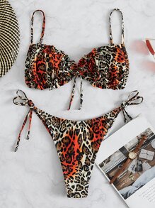 SHEIN Swim 2025 Women Summer Beach Leopard Print Ruffle Trim Tie Front Sexy Bikini Set, Random Print - Multicolor - View 5
