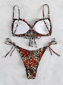 SHEIN Swim 2025 Women Summer Beach Leopard Print Ruffle Trim Tie Front Sexy Bikini Set, Random Print - Multicolor - View 8