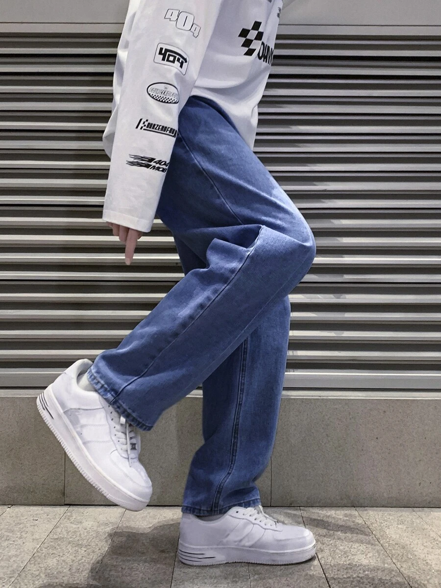 Quần Jeans Nam Nút Túi Dây kéo màu trơn - Rửa trung bình - Xem 1